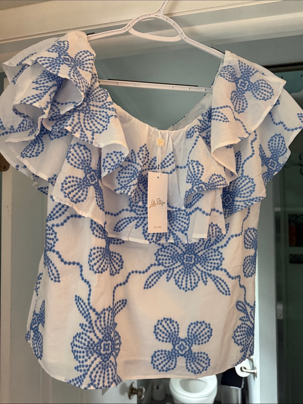 NWT Lilly Pulitzer One-Shoulder White Top with Blue Floral Embroidery